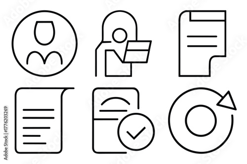 Group of six icons illustrating user profiles, document handling, and delivery confirmation