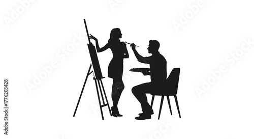Silhouette of a male artist painting a female model in an art studio with easel and chair
