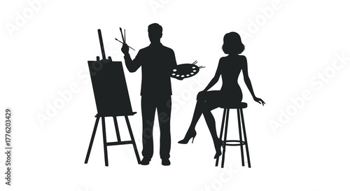 Artist painting a silhouette of a woman sitting on a stool in a studio with easel and palette