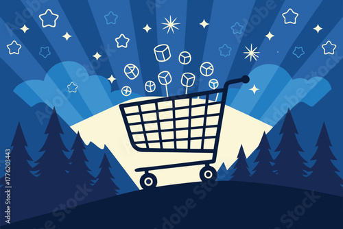 Gigantic shopping cart silhouette overflowing with vibrant, floating flora, dreamlike, ethereal, surreal, boundless, abundance.