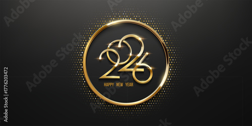2026 Happy New Year greeting card vector illustration. Festive Christmas social media banner. Golden numbers 2026 on elegant black background.