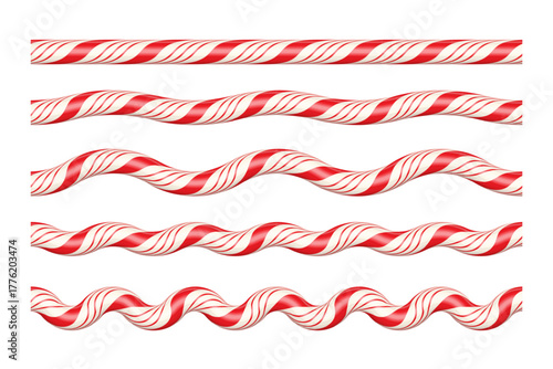 Red and white candy cane ropes in various wave patterns. Festive twisted lines with increasing curvature for Christmas borders, dividers, decorative holiday designs. Realistic vector illustrations