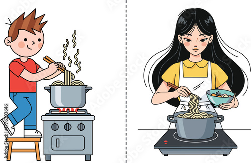Two people cooking noodles on gas and electric stoves, male and female chefs preparing food, steaming pots, kitchen, culinary activity