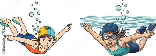 Two swimmers racing underwater in dynamic motion with bubbles, swim caps, goggles, colorful swimsuits, competitive sports training illustration vector design