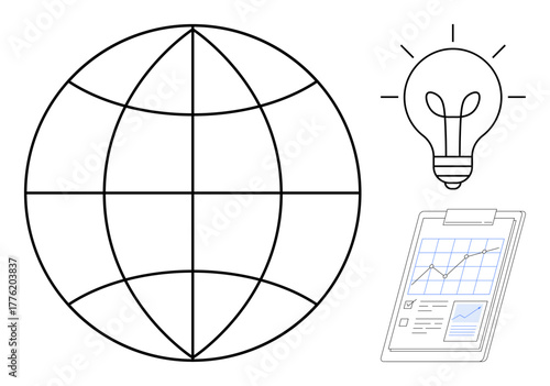 Globe with grid lines represents global reach, light bulb symbolizes innovation, clipboard with charts conveys data analysis. Ideal for business strategy, creativity, analytics, global communication