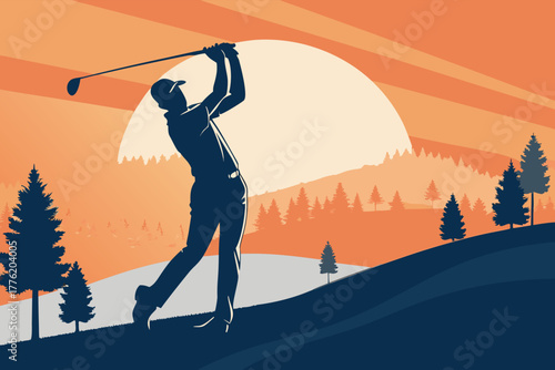 Serene golfer silhouette, vibrant sunrise over lush golf course, early morning tranquility, focused swing, dawn light, picturesque landscape, athletic pose, sporting aspiration, dew-kissed fairway.
