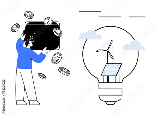 Person holding wallet with coins falling alongside illustration of wind turbine and solar panel inside light bulb. Ideal for sustainability, energy, finance, innovation, green technology