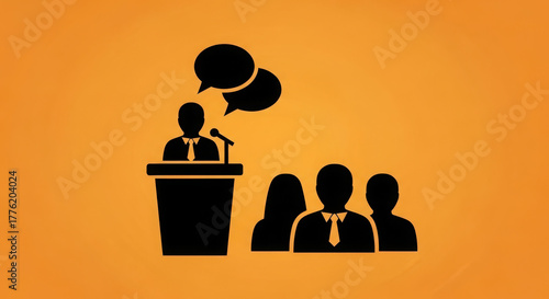 Conference speaker addressing audience discussion speech business meeting presentation crowd communication