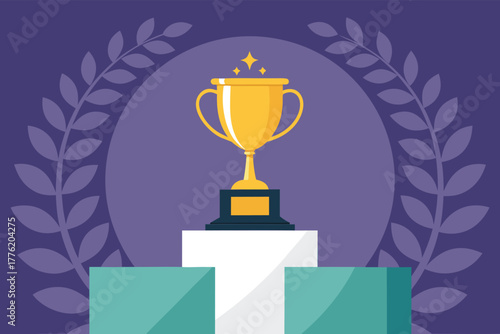 A gleaming gold golf trophy cup on a wooden podium, accented by a lush green laurel wreath, victory, championship, celebration, elegant, prestigious.