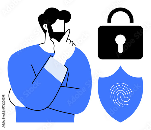 Pensive man contemplating cybersecurity. Lock and fingerprint shield highlight protection, privacy, data safety, access control, authentication, and secure technology. Ideal for identity, tech