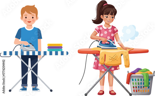 Vector illustration of boy and girl ironing clothes at home, domestic chores, shared household responsibilities, laundry basket, steaming shirt, teamwork