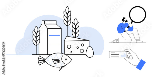 Milk carton, cheese, fish, egg, wheat stalks with a person analyzing using a magnifying glass and a hand holding an ID card. Ideal for health, inspection, quality control, authentication food