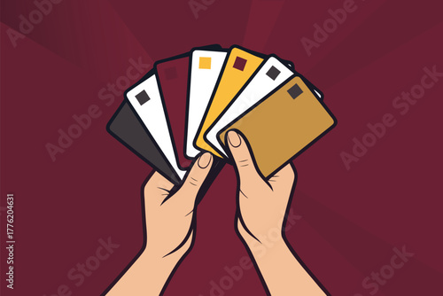 Close-up hands intricately juggling a vibrant, overflowing bunch of credit cards, mimicking a winning poker hand, blurred background.