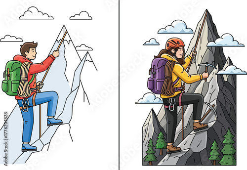 Vector illustration of mountain climbers on snowy and rocky peaks with backpacks, ropes, ice axe, outdoor adventure, hiking, exploration