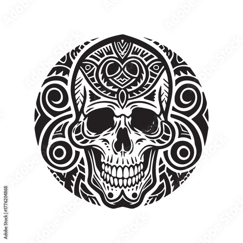 Bold Haida Tribal Skull Illustration Featuring Symmetrical Formlines in Silhouette On White Background. 