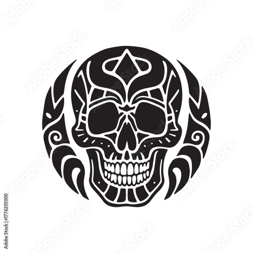 Bold Haida Tribal Skull Illustration Featuring Symmetrical Formlines in Silhouette On White Background. 