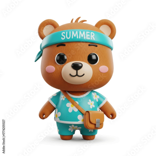 Cute cartoon bear with summer headband and floral shirt, standing on a white background.