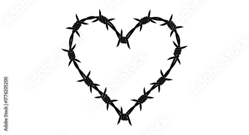 A stark black heart shape formed from sharp barbed wire against a clean white background
