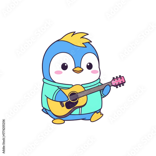A cute cartoon penguin wearing a teal hoodie and playing an acoustic guitar with a happy expression.