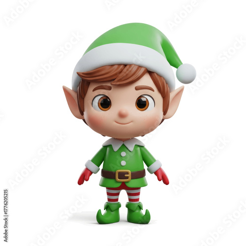 A charming, cartoonish Christmas elf with a green outfit and a friendly expression.