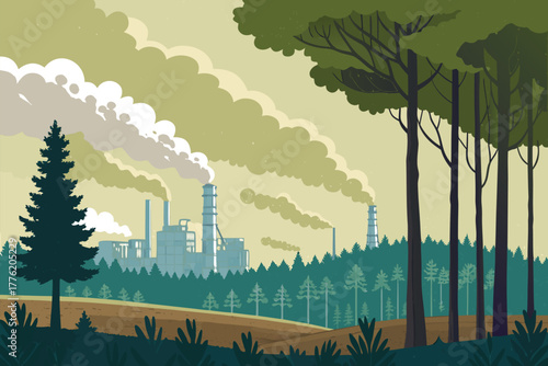 Forest meets industrial pollution, smoke billowing over trees.