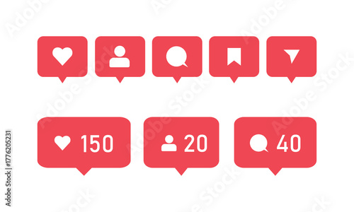 Red social media notification icons showing heart, user, comment, bookmark, and message symbols with engagement counts, representing likes, followers, and interactions on a white background.
