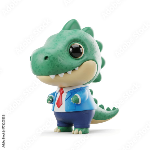 A cute green dinosaur figurine dressed as a businessman in a blue suit and red tie, isolated on a white background.