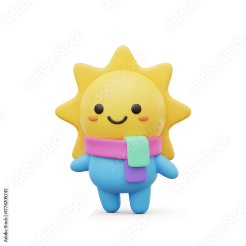 A cute 3D rendered cartoon sun character with a smiling face, wearing a colorful pink, green, and purple scarf, on a white background.