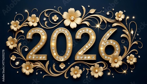 2026 numbers with golden flowers on a blue background