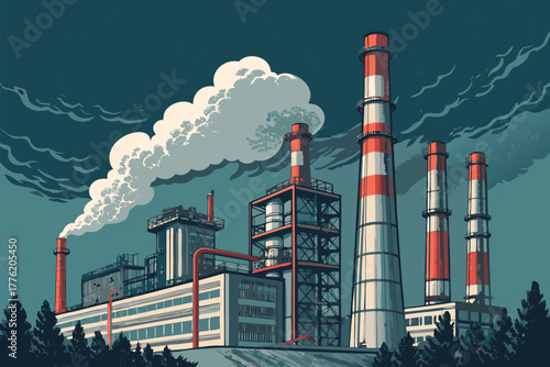 Industrial complex emitting smoke from tall stacks.