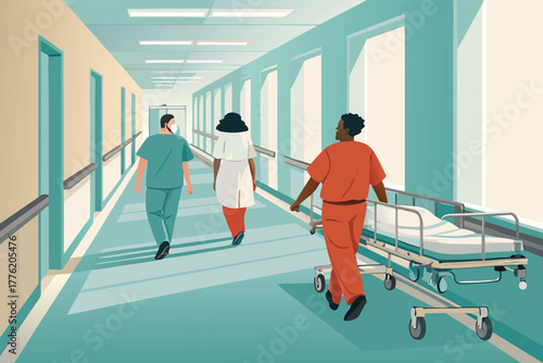 A sterile hospital corridor with waiting stretchers and attentive medical staff, conveying urgency and care.