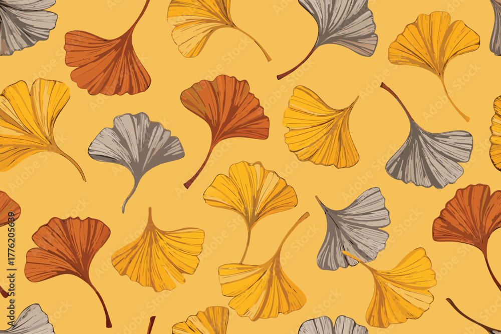 Obraz premium Seamless pattern of falling ginkgo leaves in autumn.