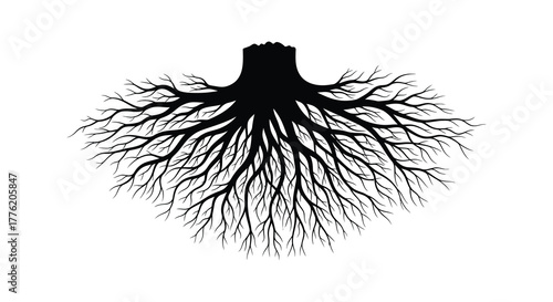 Intricate black silhouette of a tree root system spreading outward on a white background