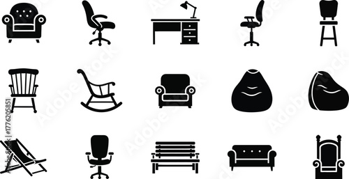 Collection of black silhouette icons representing various types of chairs and furniture for home and office