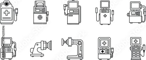 Collection of black and white line art illustrations of medical equipment and machines