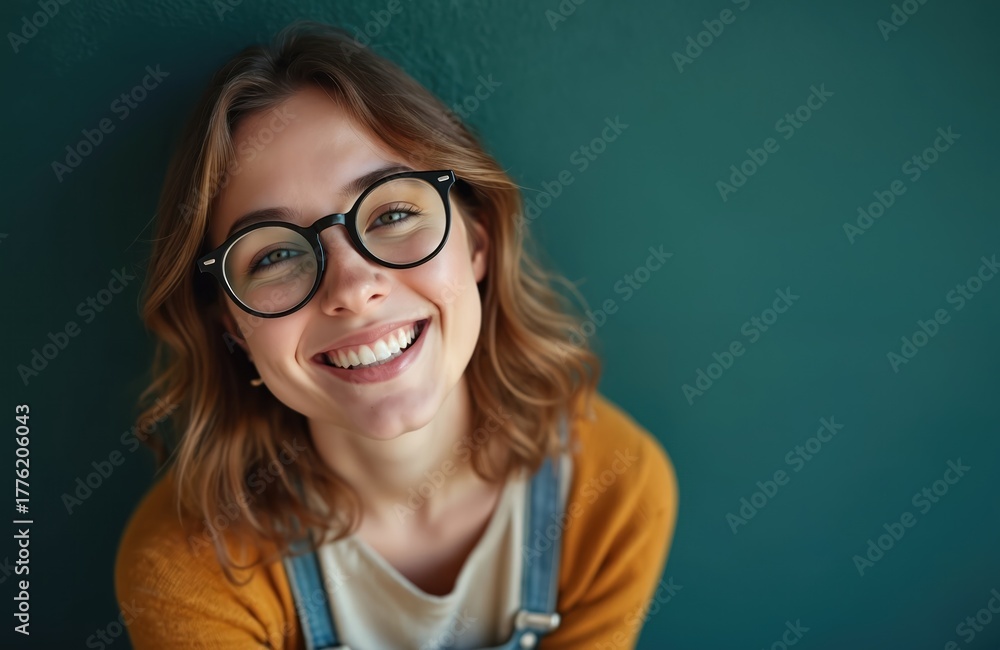 Fototapeta premium Cheerful young woman with eyeglasses smiling and looking at camera. Happy female with white teeth wears black frames. Isolated on blue green background. Woman has wavy brown hair and yellow cardigan.
