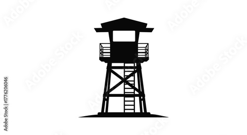 Silhouette of a tall wooden guard tower with a ladder and observation platform against a white background