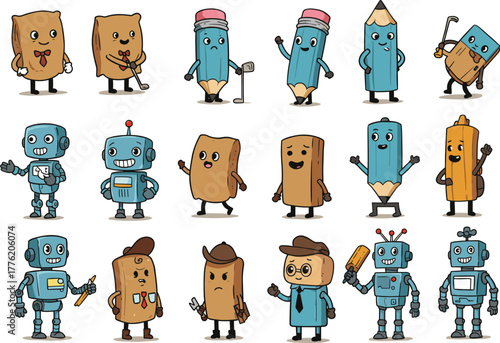 Cartoon school supply characters, cute pencil eraser paper robot set, educational clipart for kids, fun classroom mascot illustrations, vector design