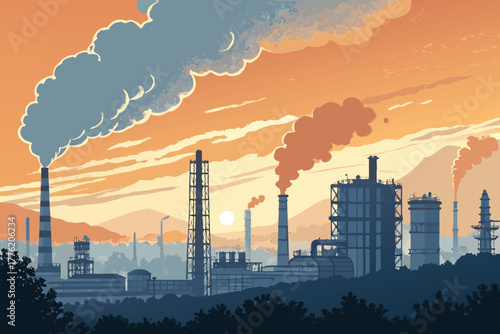 Industrial area at dawn, soft emission plumes.