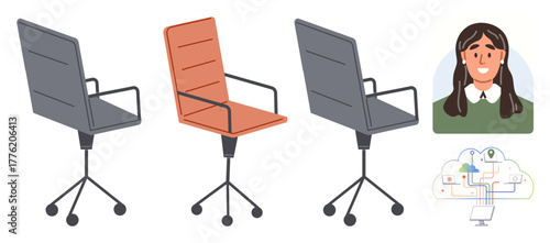 Three office chairs symbolize recruitment steps paired with a happy worker avatar and a tech-cloud icon. Ideal for HR, hiring, teamwork, technology, innovation, decision-making, career metaphor. A