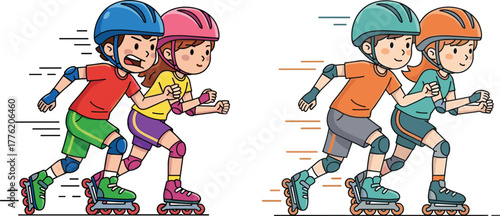 Children roller skating illustration showing boys and girls in protective gear, helmets, knee pads, elbow pads, outdoor activity, dynamic sports vector