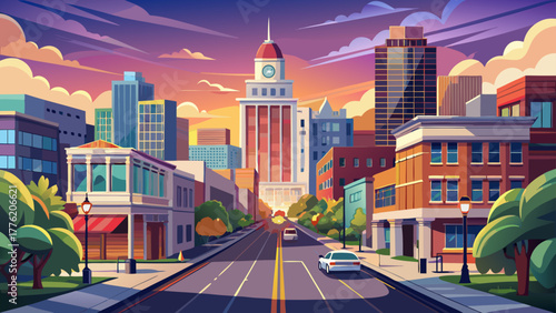 Very beautiful early morning view of downtown Lexington, Kentucky, USA, featuring gentle traffic flowing along Main Street surrounded by illuminated buildings and a serene urban atmosphere.