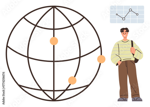 Global sphere featuring data points, chart with line graph, and a casually dressed man holding a bag. Ideal for technology, education, networking, data analysis, globalization, research simple flat
