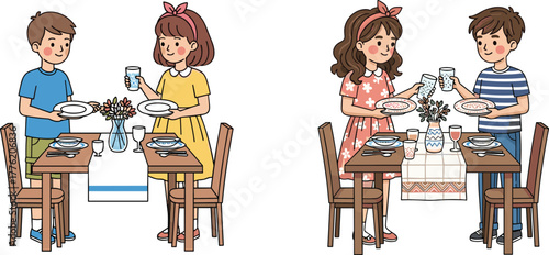 Children setting dining table with plates and glasses, teamwork, family responsibility, home etiquette, kids helping household chores, vector illustration art