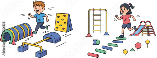 Children running through colorful obstacle course playground, climbing ramps, balancing beams, stepping stones, outdoor fitness fun, agility training, active kids illustration