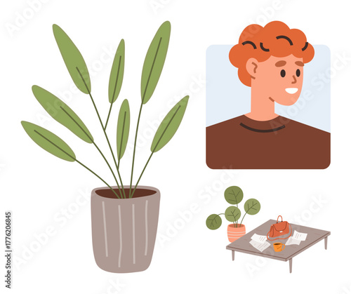 Potted plant with long leaves, happy individual portrait, modern table with books, bag, coffee. Ideal for home decor, lifestyle, greenery relaxation creativity self-care positivity. Simple flat