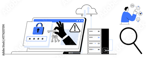 Laptop screen with lock, password, keys, alert icon, cloud, server, magnifying glass, and person analyzing data. Ideal for cybersecurity data security threat detection network management IT