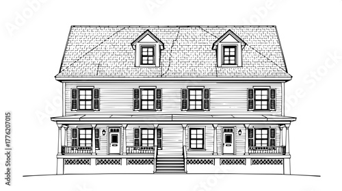 Colonial Revival Duplex — A frontal, symmetrical architectural illustration in black ink, showing a Colonial-style two-family house with matching front porches, shutters, and dormers; minimalist line 