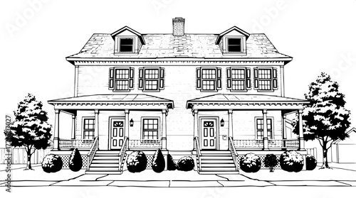 Colonial Revival Duplex — A frontal, symmetrical architectural illustration in black ink, showing a Colonial-style two-family house with matching front porches, shutters, and dormers; minimalist line 