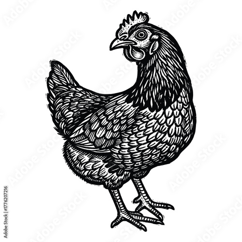 Chicken, Hen, Rooster vector illustration, isolated black and white art